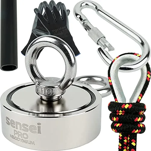 Produktbild SENSEI Set 250 kg, Doppelseitiger N52 Neodym-Magnet mit 2 Ösen, Ø7,5 x H2,5 cm, Segelseil 25 m, Schutzhandschuhe + Zubehör