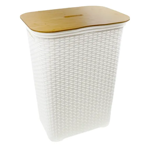 hrb Wäschebox mit Bambus Deckel - 65 Liter Wäschekorb - Stylischer Wäschekorb mit 65 Litern Volumen und schickem Bambusdeckel. Die Wäschebox in Rattanoptik ist feuchtigkeitsresistent und ideal für Bad oder Schlafzimmer.