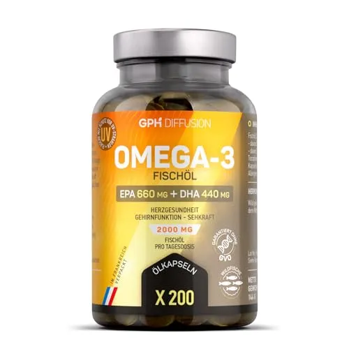 Omega 3 - Fischöl - 2000 mg pro Tagesdosis - EPA : 660 mg/DHA : 440 mg - Herz-kreislauf system, Vision, Gehirnfunktion - 200 kapseln