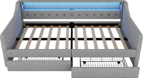 Schlafsofa mit LED-Beleuchtung und Schubladen, 90x200 cm, Polsterbett mit Lattenrost, Einzelbett, Jugendbett, Leinen