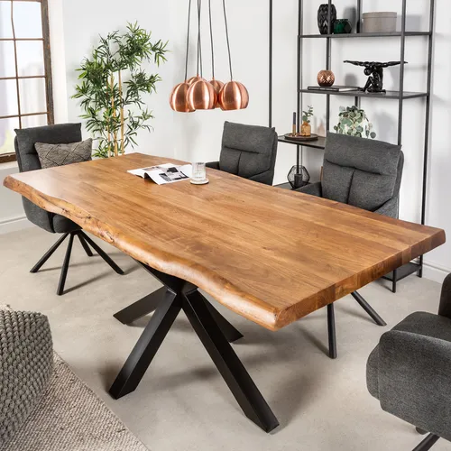 Riess Ambiente Massiver Baumstamm Esstisch Mammut Nature 220cm - Esszimmertisch aus massivem Akazienholz mit einzigartiger Baumkante, handgefertigt und mit stabilem schwarzen Sternengestell für einen modernen Look.