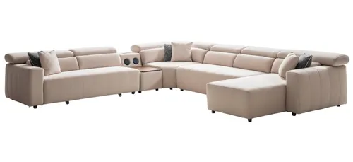 Ecksofa U-Form mit Bettfunktion in Beige - Modernes Ecksofa mit Bettfunktion und Stauraum, ideal für Ihr Wohnzimmer. Hochwertiger Polyesterstoff sorgt für Komfort und Langlebigkeit. Maße: 300 x 420 cm, Platz für mehr als 6 Personen.