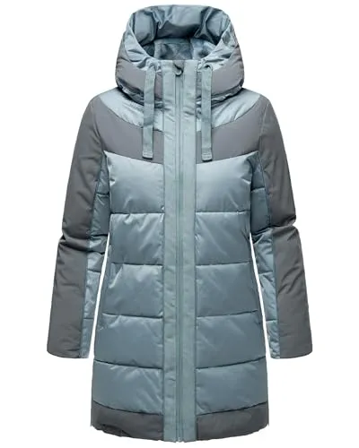 Navahoo Damen Winterjacke Lange Steppjacke mit Kapuze - Samtkätzchen Powder Blue, Gr. S - Funktionsjacke für kalte Tage, wasser- und windabweisend, mit weichem Fleece-Innenfutter für optimalen Wärme- und Tragekomfort.