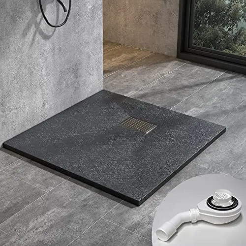Duschwanne 90x90 cm SMC Brausewanne Schwarz Steinoptik Antirutsch Duschtasse Höhe 3,2 cm Niedrige Schwelle Extraflach Brausetasse mit Ablaufgarnitur Ø 90 mm