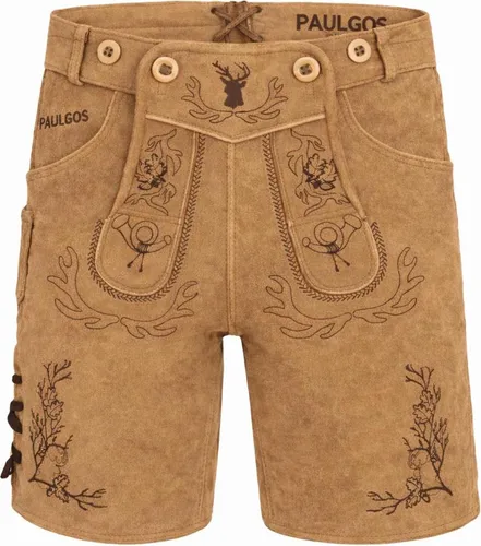 PAULGOS Herren Trachten Lederhose Kurz - Echtes Leder in 3 Farben - Die perfekte Trachtenlederhose für jedes Fest! Aus robustem Rindsleder und mit traditioneller Stickerei, bietet sie hohen Tragekomfort und einen einzigartigen Look. Erhältlich in Größen 44-60.