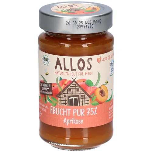 Allos Bio Frucht Pur 75 % Aprikose - Fruchtaufstrich aus 75 % Bio-Aprikosen und Bio-Agavendicksaft, natürlich süß und voller Geschmack. Perfekt für ein gesundes Frühstück oder zum Verfeinern von Desserts.