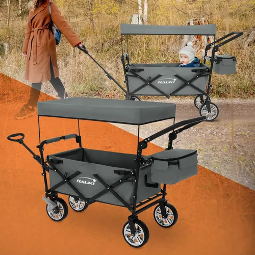 Hauki Bollerwagen XXL faltbar mit Dach & Tasche - Grau - Bollerwagen für Kinder mit abnehmbarem Sonnendach, 360° drehbaren Vorderrädern und bis zu 150 kg Tragkraft. Ideal für Outdoor-Abenteuer und Einkäufe!