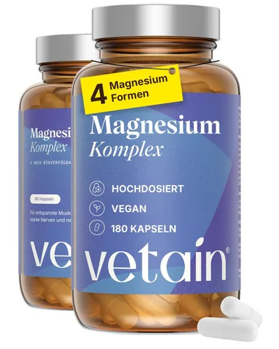 VETAIN Magnesium Komplex - Hochdosierte 4-Fach Kombination - Hochdosierter Magnesium Komplex mit 358mg pro Tag, bestehend aus vier bioverfügbaren Verbindungen. Ideal für aktive Lebensstile und zur Unterstützung der täglichen Bedürfnisse, vegan und laborgeprüft.