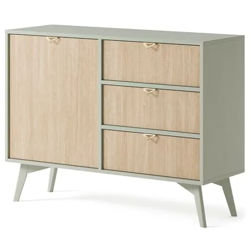 Kommode Tofino - Eiche - Grün - Metallgriffe - Holzbeine - 3 Schubladen - Breite 106 cm, Höhe 80 cm, Tiefe 38 cm