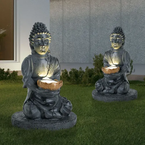Solarleuchte Buddha 2er Set - Edle Gartenfigur mit LED Beleuchtung - Lampen: Hochwertige Buddha-Solarleuchte in Steinoptik mit integrierter LED, die Ihre Gartenlandschaft stilvoll beleuchtet und gleichzeitig energieeffizient ist.