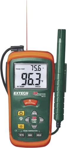 Extech RH101 Luftfeuchtemessgerät - Präzises Hygrometer mit IR-Thermometer - Werkstatt Messgerät zur genauen Messung von Luftfeuchte und Temperatur. Integriertes IR-Thermometer ermöglicht einfache Messungen an schwer zugänglichen Stellen.