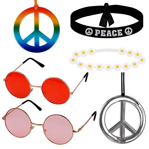 MEJOSER Hippie Accessoires Set Hippie Brille Friedenszeichen Halskette Sonnenblume Krone Haarband 60er Jahre Retro Vintage Zubehörset Damen Herren