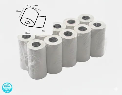 Thermorollen 57mm x 30mm x 12m - BPA freie Papierrollen - Praktisches Set mit 10 BPA-freien Thermorollen, ideal für Kassen und Belege. Maße: 57mm x 30mm x 12m, sorgt für klare Druckergebnisse.