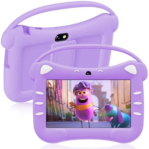 ascrecem Kinder Tablet 7 Zoll Androrid Tablet für Kinder mit WiFi Kindersicherung Dual Kamera kindersicherer Hülle 2GB RAM 32GB ROM 128GB Erweiterbar Kindertablet ab 3 jahre-12 Mädchen Junge (Lila)
