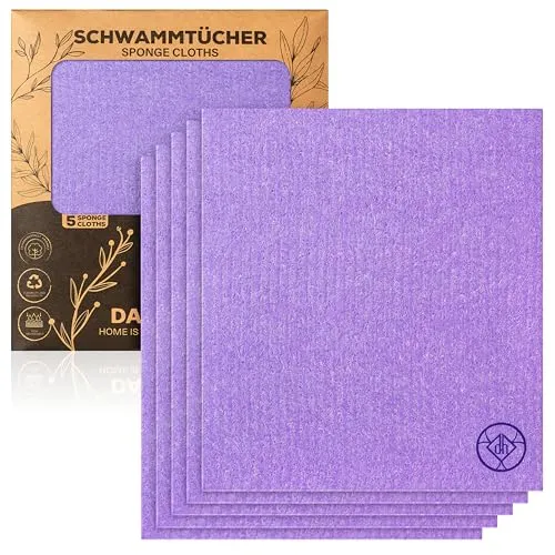 DANIHOME® Schwammtücher in Lila (5er-Set) – Hochabsorbierend & Waschbar – Nachhaltige Putzlappen für Küche, Haushalt & Auto – Biologisch Abbaubare Allzwecktücher – Stilvolle Eleganz in jedem Zuhause