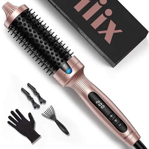 Terviiix Thermobürste, Thermal Brush, 38mm Heiße Bürste für lockeres & voluminöses Haar, Keramik-Turmalin-Ionen-Lockenstabbürste Thermobürste, Digitalanzeige 5 Temperaturen Hot Brush, Dual-Spannung