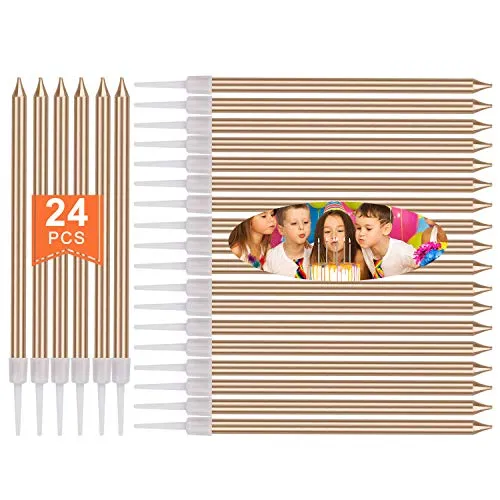 Stück Geburtstagskerzen Kuchen, Lange Geburtstag Kerzen mit Haltern für Kinder & Erwachsene, Metallisch Kuchenkerzen Dünne Cupcake Kerzen für Geburtstag Hochzeit Kuchen Dekorationen-Champagner Gold 24