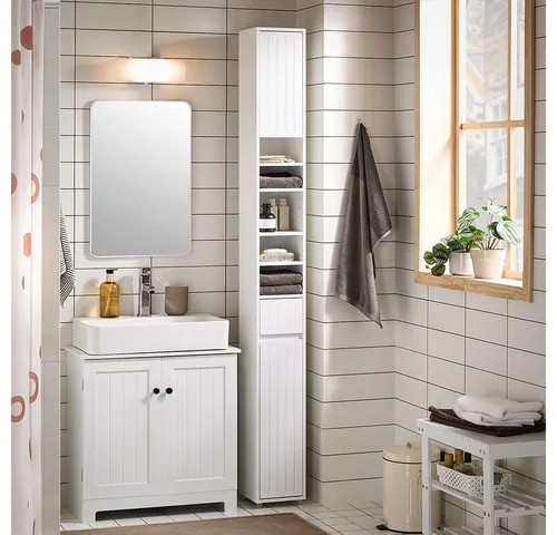 SoBuy Hochschrank BZR160 - Praktischer Badschrank mit 5 Fächern - Hochschrank für Bad und Wohnraum, bietet viel Stauraum mit 5 Fächern und einer Schublade. Modernes Design in Weiß, ideal für kleine Räume.