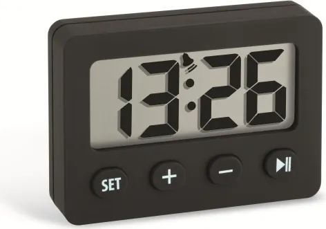 TFA Dostmann 60-2014-01 Quarz Wecker Schwarz - Stylischer Quarz Wecker mit digitaler Anzeige, Timer und Stoppuhr. Ideal für jeden Raum und sorgt für pünktliches Aufstehen.