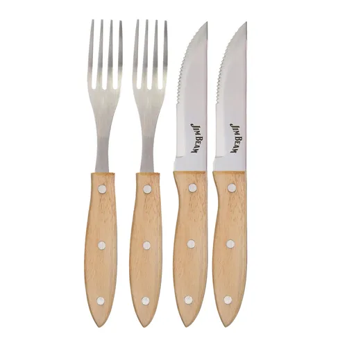 Jim Beam BBQ-Steakbesteck, für 2 Personen, rostfreier Edelstahl, Holzgriff