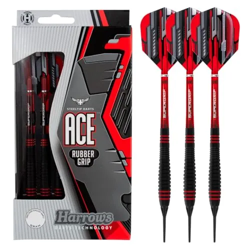 Harrows Ace Rubber Black Dartpfeile | Softdarts-Set mit Tragetasche |16g und 18g | Enthält Supergrip-Schäfte und 100-Mikron-Marathon-Flights
