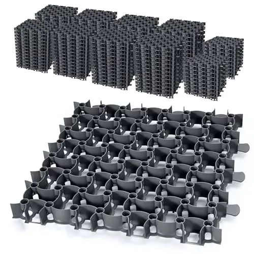 Garronda Rasengitter befahrbar 100 Stück (25 m²) 50x50x4 cm Kunststoff Parkplatzgitter zur Bodenbefestigung Kiesstabilisierung Drainage Stecksystem GD-0224 Schwarz