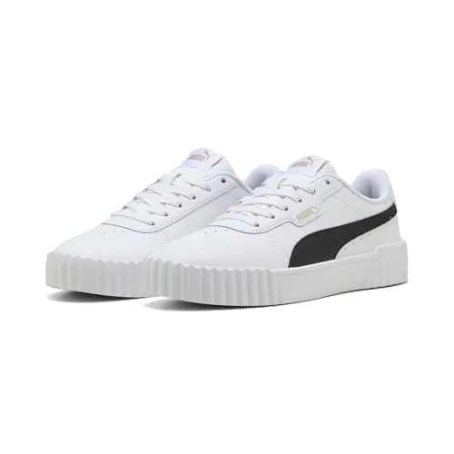 PUMA Carina 3.0 Sneakers Damen, Gr. 35.5 - Bunt (Weiß Schwarz Gold) - Sneaker für Damen im klassischen 80er-Jahre Tennis-Stil, mit hochwertigem Leder-Obermaterial und bequemer Gummisohle für optimalen Tragekomfort.