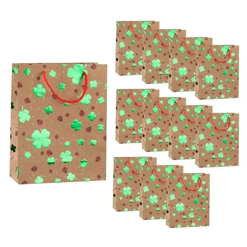 Idena 90552 - Geschenktüten Kleeblätter, 12 Stück, Geschenktaschen in der Größe 18 x 23 x 8 cm, Papiertüten mit grünem Glanz-Effekt