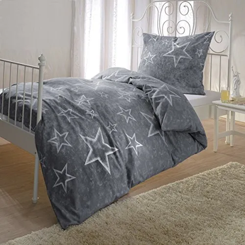BETTWARENSHOP Bettwäsche Anthrazit-Sterne, 2-teilig - Bettwäsche-Set aus weichem Biber mit trendy Sternenmotiv, ideal für gemütliche Nächte. Maschinenwaschbar und pflegeleicht, sorgt für einen warmen Schlafkomfort.