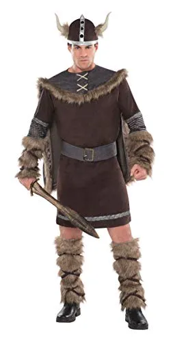 Amscan Adult Mens Viking Warrior Costume (Extra Large) - Kostüm-Outfits für Erwachsene, hochwertiges Wikinger Kostüm mit Fellbesatz, authentischem Helm und Umhang für beeindruckende Auftritte auf Karneval oder Mottopartys.