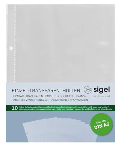 SIGEL SM191 Einzel-Transparenthüllen für A5 Speisekarten-Mappen, 10 Stück