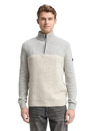 TOM TAILOR Herren 1048713 Troyer Strickpullover - Pullover für Herren mit Strukturmix in Melange-Optik, ideal für kalte Tage. Weicher Materialmix sorgt für ein angenehmes Tragegefühl und Wärme.