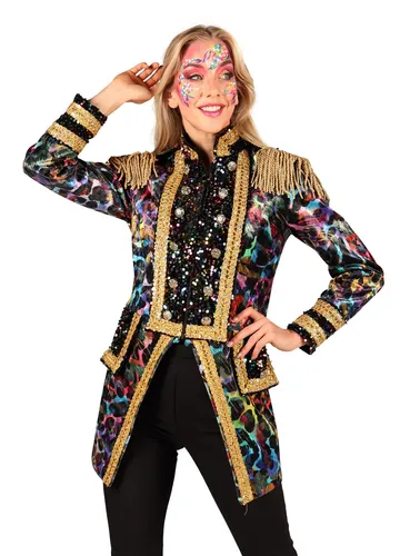 thetru Kostüm Karnevalsgarde Damenjacke neon-bunt - Auffällige Gardeuniformjacke für den Sitzungskarneval, mit buntem Muster und goldenen Akzenten, ideal für unvergessliche Auftritte.