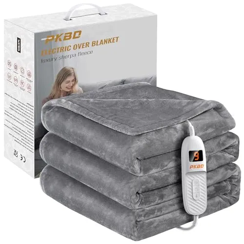 PKBD Heizdecke 190x130CM,Flanell Elektrische Wärmedecke mit Abschaltautomatik,9 Heizstufen,9 Stunden Auto-Off-Timer,Überhitzungsschutz,Waschbar,Home & Office,Grau