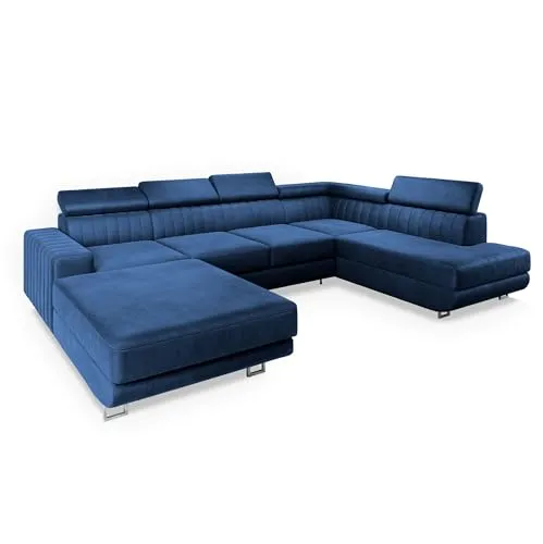 Masseno Ecksofa SIENA R-S mit Schlaffunktion - Blau - Sofa in U-Form mit Bettkasten und verstellbaren Kopfstützen, ideal für Gästeübernachtungen und stilvolle Wohnräume.
