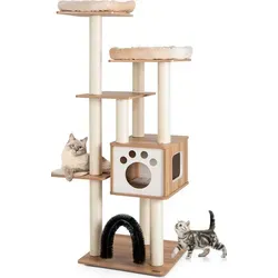 GOPLUS 6-stufiger Kratzbaum aus Holz - Kratzbäume: Robuster Katzenbaum mit gemütlichen Matten, Sisalstämmen und Katzenhaus für stundenlangen Spielspaß und Entspannung.