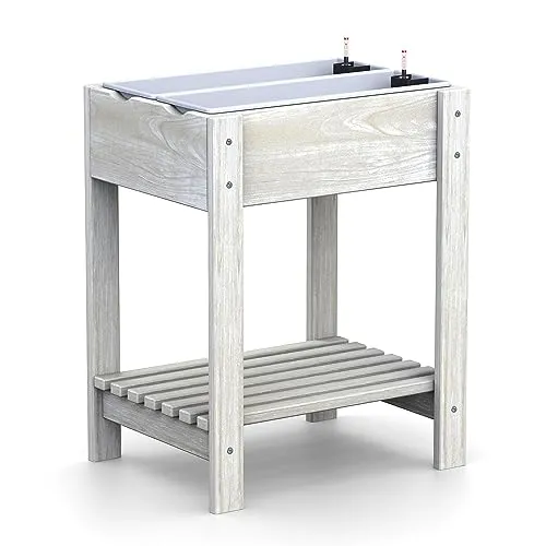 Plastard Hochbeet Kiefernholz mit Ablage Weiß inklusive - 2 x 60 cm Einsätze - Wasserstandsanzeiger - Balkon und Garten - Anzuchtbeet - Kräuterbeet