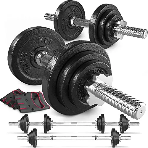 Hop-Sport 2in1 Hantelset 20kg Kurzhanteln & Langhantel – Verstellbare Gusseisen Hanteln mit Verbindungsrohr – Training Zuhause Krafttraining inkl. Trainingshandschuhe