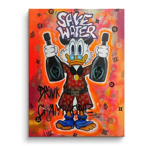 DOTCOMCANVAS® Leinwandbild Save Water - Leinwandbild, Duck Pop Art Comic Leinwand Bild Save Water drink champagne xxl Motiv
