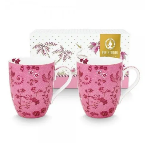 PiP Studio Jolie Flowers Pink Tasse Henkelbecher-Set (2-teilig) - Thermobehälter mit einzigartigem, farbenfrohem Design für eine märchenhafte Atmosphäre in Ihrem Zuhause.