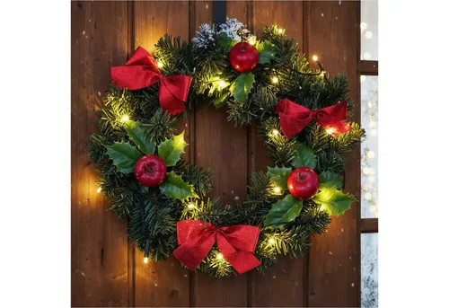 Gravidus LED Türkranz Ø30 cm mit roten Schleifen und Äpfeln - Nussknacker - Stimmungsvolles LED Türkranz mit 15 warmweißen LEDs und Timer-Funktion für eine festliche Atmosphäre, ideal für Innen- und Außenbereich.