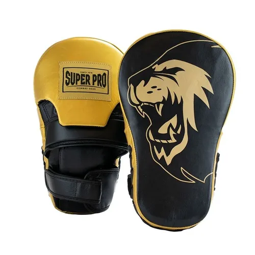 Super Pro Handpratzen Curved Long Schwarz/Gold - Zubehör für Boxtraining, aus hochwertigem Leder gefertigt für optimale Schlagdämpfung und Langlebigkeit.