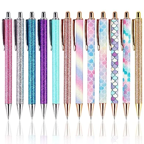 Kugelschreiber,12 Stücke Glitter Kugelschreiber,Einziehbarer Kugelschreiber Metall,Glitzer Metall Kugelschreiber,Klick-Kugelschreiber Mädchen für Schule Büro Bedarf Geschenk,1,0 mm, Schwarze Tinte