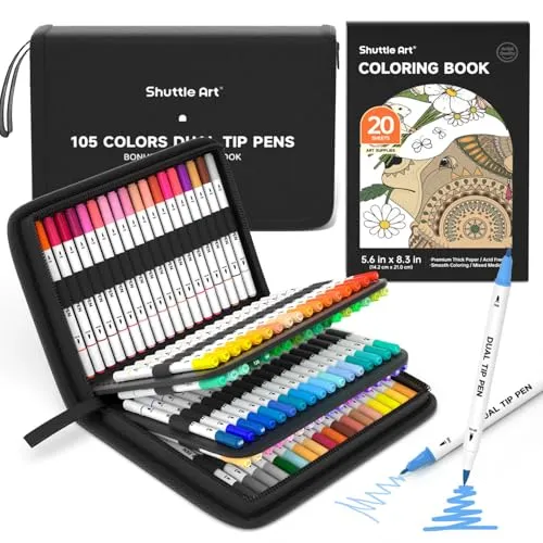 Shuttle Art Dual Brush Pens, 105 bunte doppelköpfige Pinselstifte mit weicher Spitze, zwei Schreibfedern: Fasermaler (1mm) und Fineliner(1-4mm), für Kinder und Erwachsene mit 1 Malbuch zum Schreiben