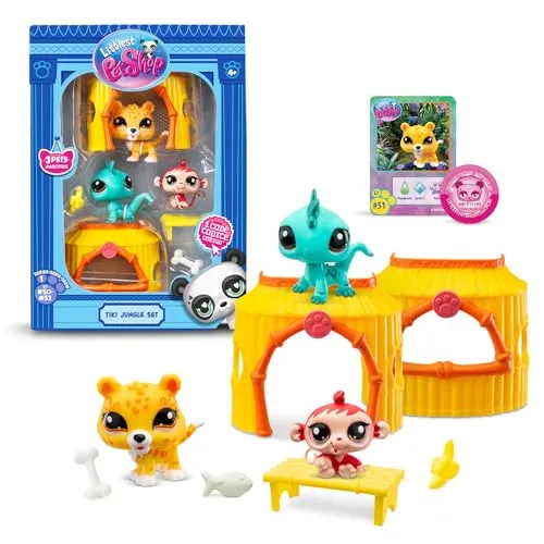 BANDAI Littlest Pet Shop - Tiki Jungle Pack mit 3 Tieren - Tierfiguren für Kinder - Entdecken Sie die süßen Dschungelfreunde mit beweglichen Köpfen und exklusivem Zugang zu einer virtuellen Überraschung!