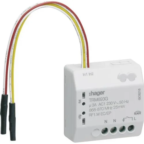 Hager TRM693G 1fach/Binäreingang 2fach - Funk UP Schaltaktor mit 2 Binäreingängen, ideal für flexible Lichtsteuerung und Szenenmanagement in modernen Smart Homes.