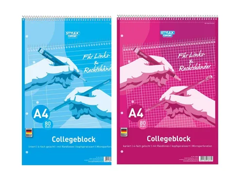 Stylex Schreibwaren Collegeblock 2x Collegeblock DIN A4 für Rechts & Linkshänder je 1x liniert & karier