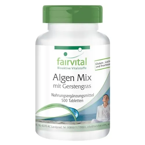 fairvital Algen Mix mit Gerstengras, 500 Tabletten, VEGAN, Spirulina, Chlorella und Gerstengras ohne Zusatzstoffe
