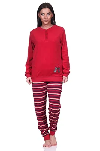 Normann Damen Frottee Pyjama mit Katzen-Motiv, rot, Größe 48-50 - Bequemer Damen Pyjama aus kuscheligem Frottee, ideal für kalte Nächte. Mit süßem Katzen-Motiv und lockerer Passform für höchsten Komfort. Maschinenwaschbar und pflegeleicht.