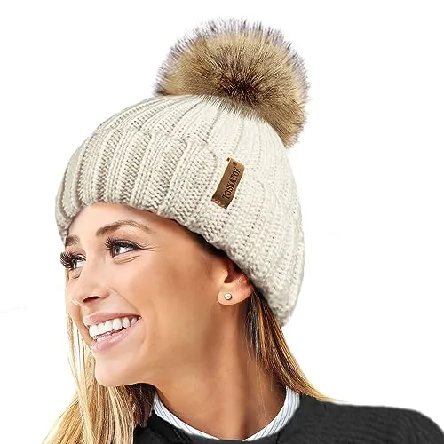 TOSKATOK® Womens Winter-Rib Strickmütze/Beanie mit abnehmbaren Chunky Faux Fur Bobble Pom Pom